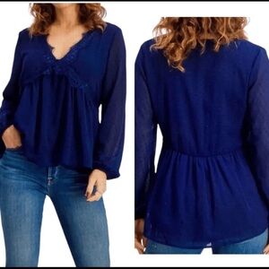 Mason & Belle Chic Royal Blue V-Neck Blouse Swiss Dot